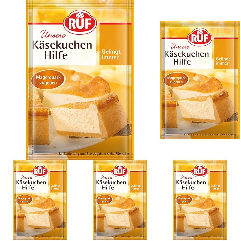 RUF Käsekuchen-Hilfe, Creme-Pulver für eine Käsekuchen-Masse, nur Milch & Quark hinzugeben, gelingt immer, glutenfrei & vegan (Packung mit 5)