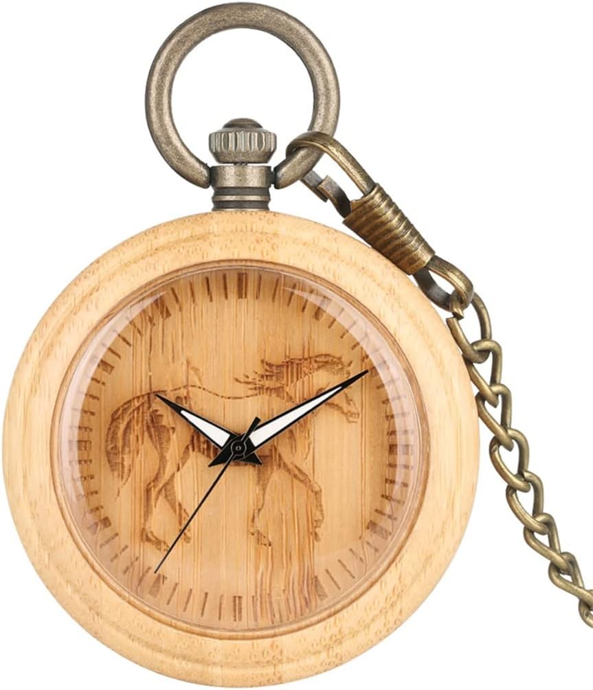 Thick Engraved Horse dial Quartz Pocket Watch Natural Wood Pendant Clock Vintage Bronze Pendant Pocket Watch Chain : Clothing, Shoes & Jewelry