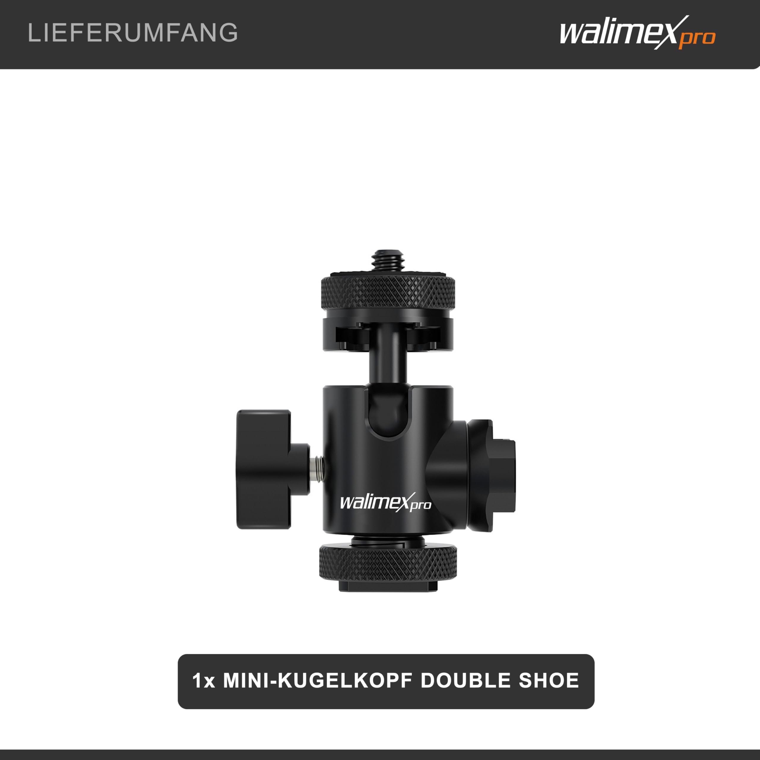 Walimex pro Mini testa a sfera portatile a doppia slitta, attacco da 1/4", max 5 kg, girevole a 360° e orientabile a 180°, per stativi treppiedi fotografici fotocamere, luce LED, smartphone