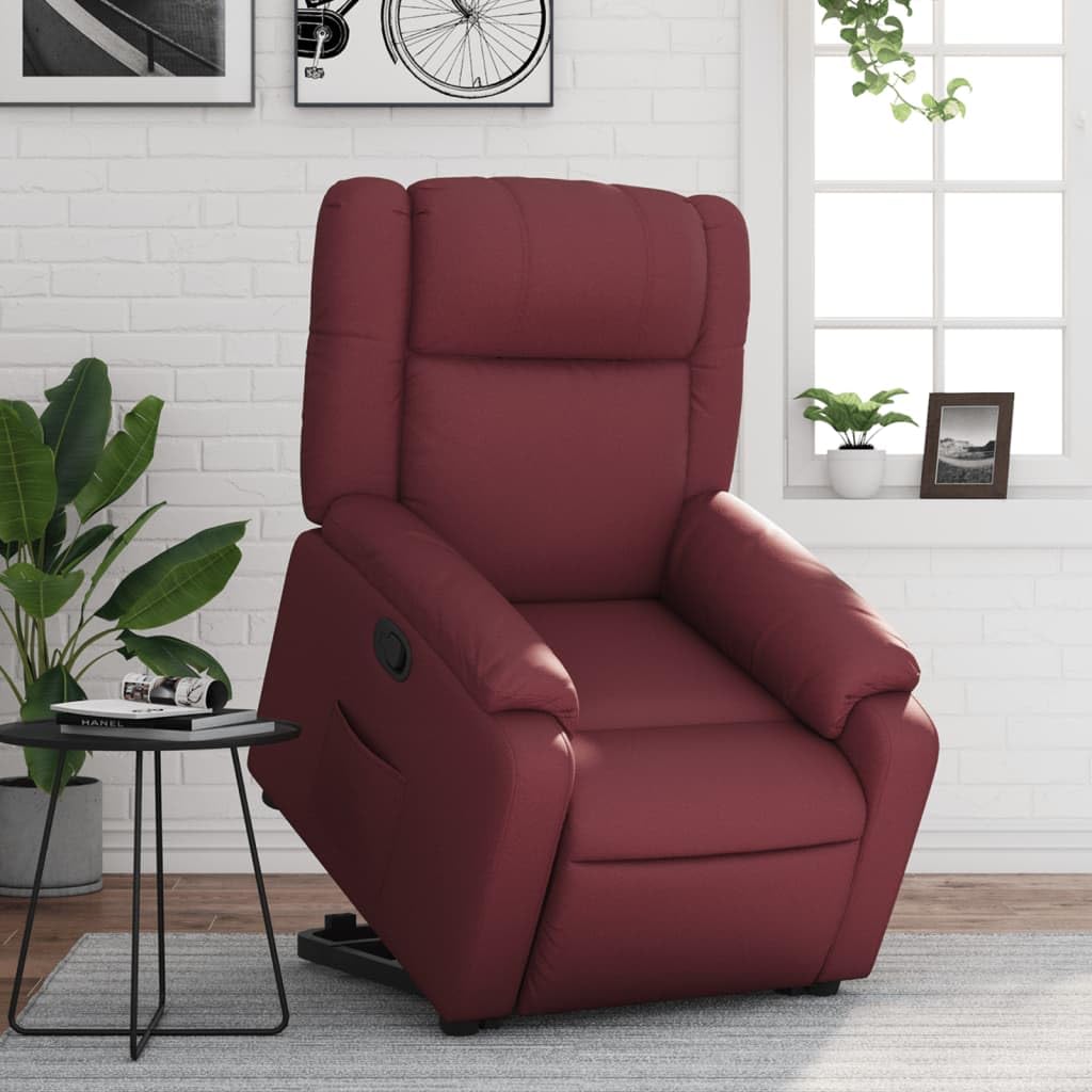 Fauteuil rehausseur inclinable en similicuir rouge vin avec moteur électrique et inclinaison manuelle à 135 degrés pour une assise confortable et un levage assisté