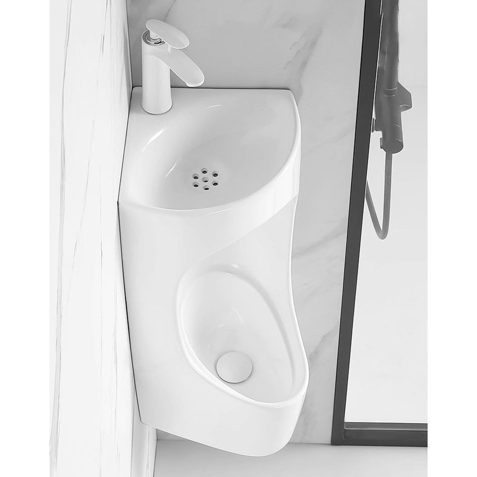 HADECOLL Ceramic Corner Urinal with Integrated Washbasin for Commercial and Household Use,White (A)
