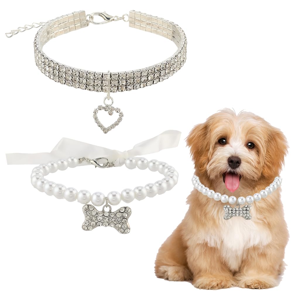 CREATCABIN 2 pz 2 Stili Collana per CaniStrass Bling Collana per Animali Domestici Regolabile Fiocco Bianco Perle Finte Fiocco Cani Osso Cuore Ciondolo Collari per Gatti Cucciolo Festa 28cm; 25.8cm