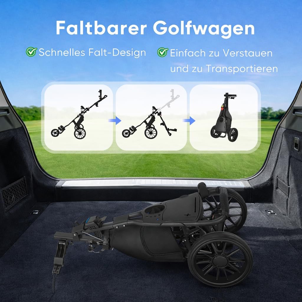 Klappbarer Golf Trolley 3-Rad, Aluminium Golfwagen mit Schirmhalter, T-Stückhalterung und Aufbewahrungstasche – Leichter Golfcaddy als Push Cart
