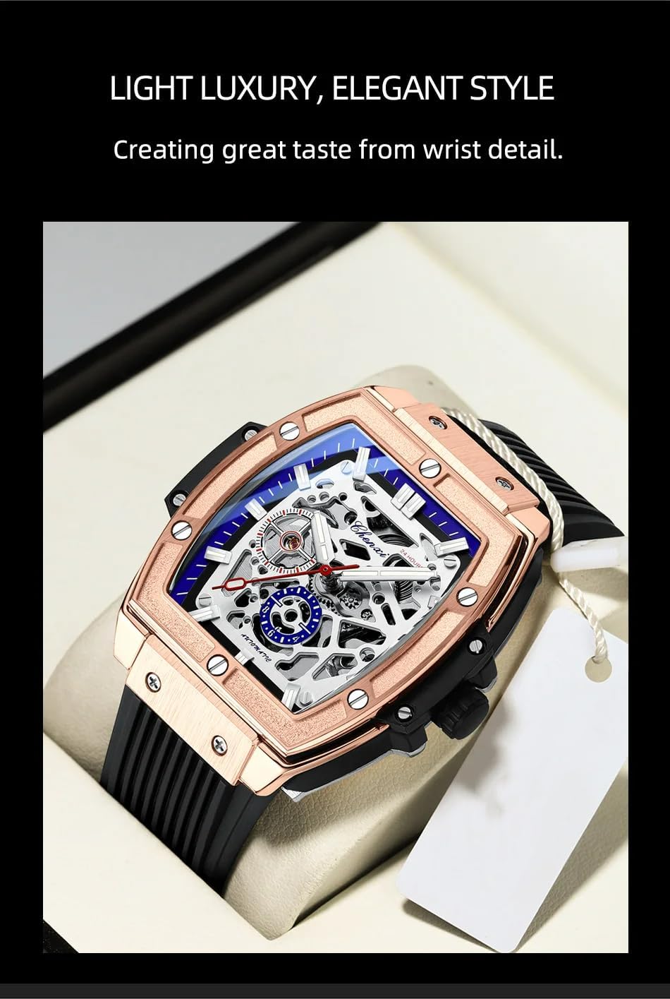 Reloj cuadrado cuadrado mecánico automático de alta calidad con cinta de silicona hueca impermeable y luminoso para hombre, Oro Rosa, Negocios
