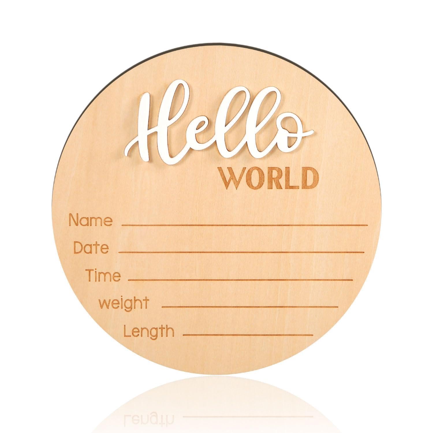 Baby Announcement Sign, 5.9 Inch Wooden Hello World Newborn Sign Birth Announcement Signs Baby Name Announcement Plaques for Photo Props Baby Shower Hospital Nursery