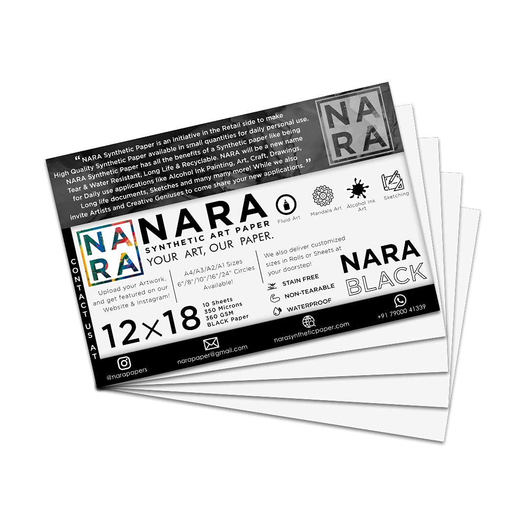 NARA®BLACK Paper for Alcohol Ink Painting | 12 inches x 18 inches (12”x18”) | 350 microns/360 GSM | Medium+ Paper | 10 sheets | 100% Stain-Free