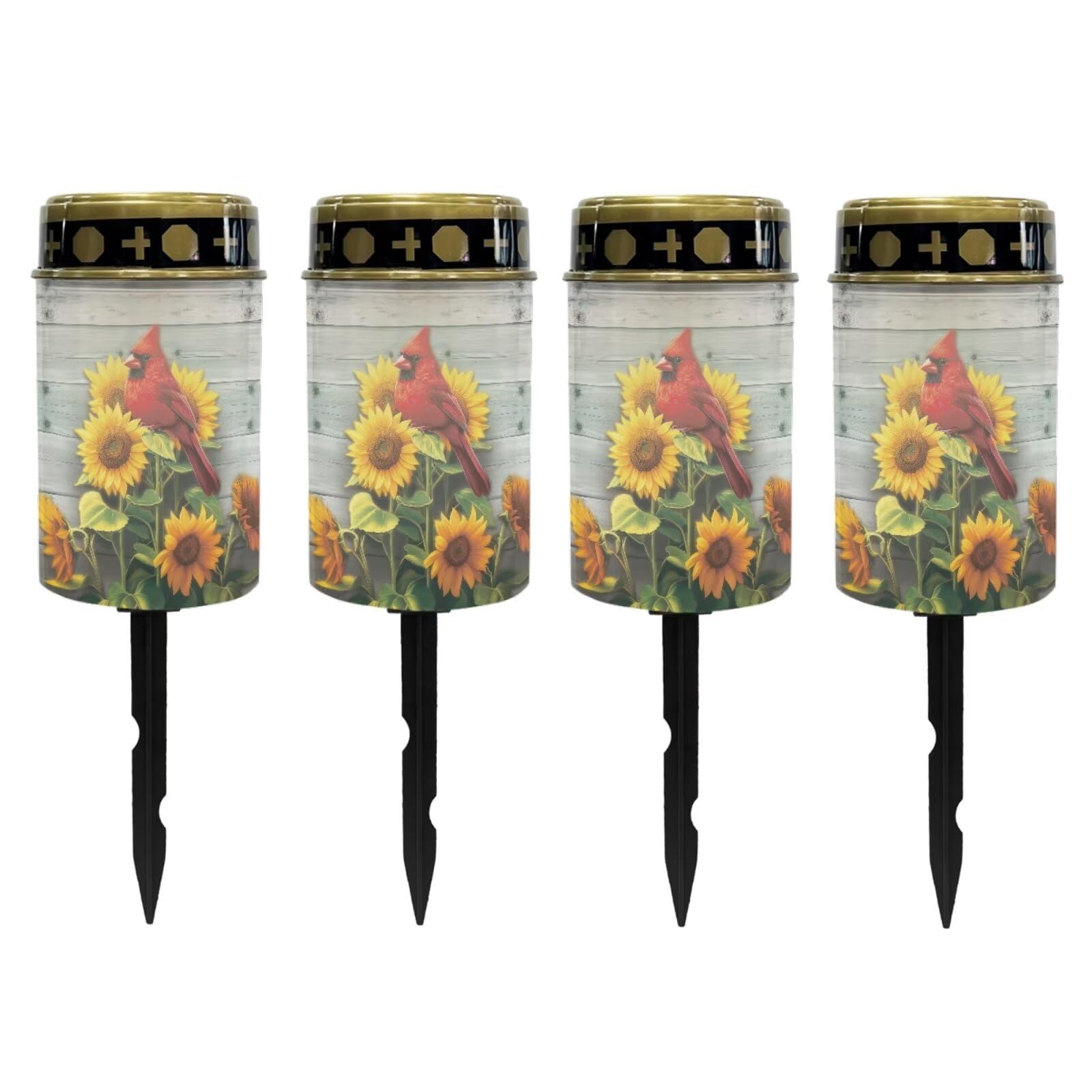 Poceacles Cardinal Sunflower Wood Grain Solar Lights Outdoor Solar Powered Outdoor Cemetery Stake Candle Grave Solar Lamp Landscape Lighting Waterproof Grave Flameless Candle, Pack of 4