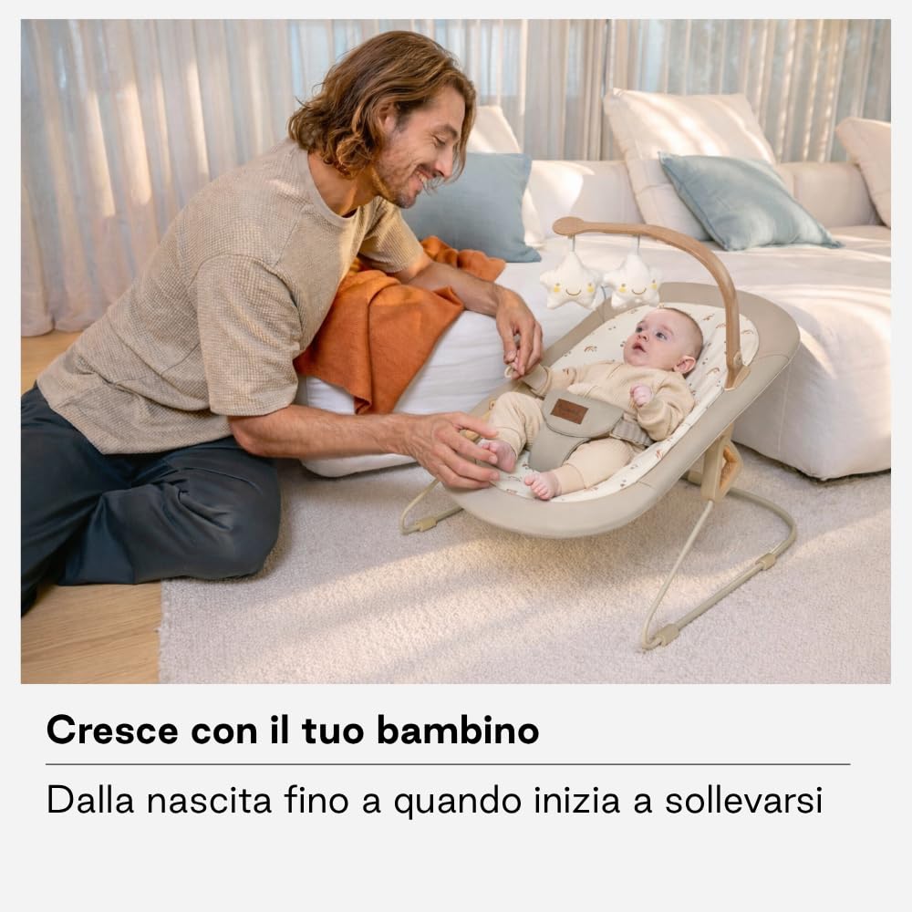 Jané Sdraietta per Neonati dalla Nascita, Sdraietta Ultraleggera con Dondolio Naturale, Barra Giochi e Riduttore, Rivestimento Sfoderabile e Lavabile, Beige
