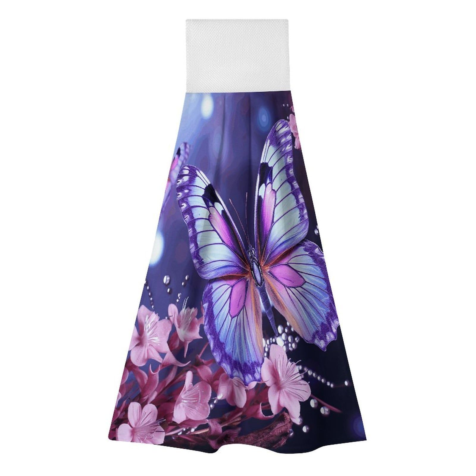 BTCOWZRV Purple Butterfly Flower Hanging Kitchen Towels with Loop, 2 PCS Luxury Hand Towels for Bathroom, Soft Microfiber Absorbent Face Towels Quick Dry Cleaning Cloths for Kitchen Dish Towels