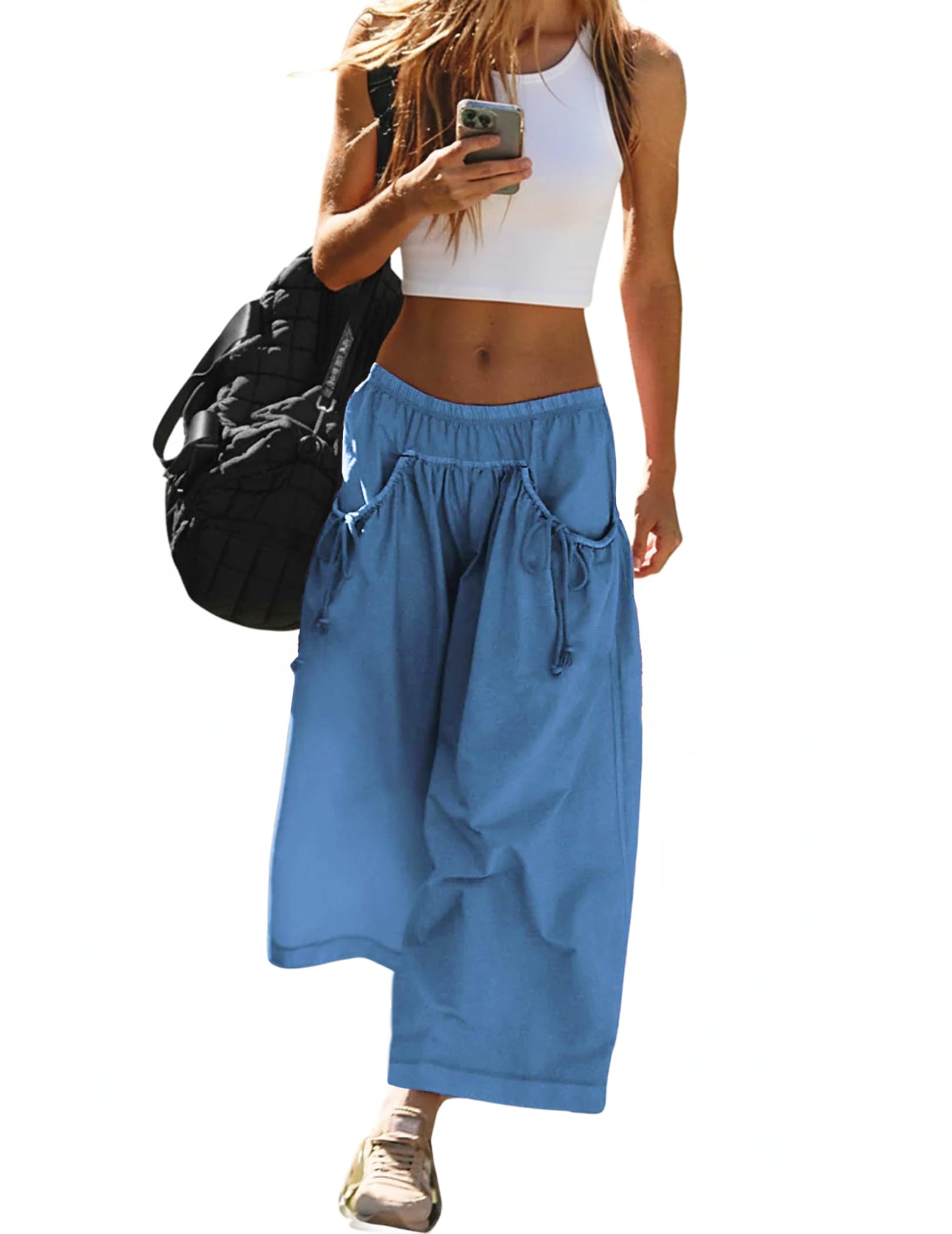 Womens Baggy Wide Leg Pants with Drawstring Pockets Elastic Waist Cozy Capri Hiking Pants Casual Fashion 2025