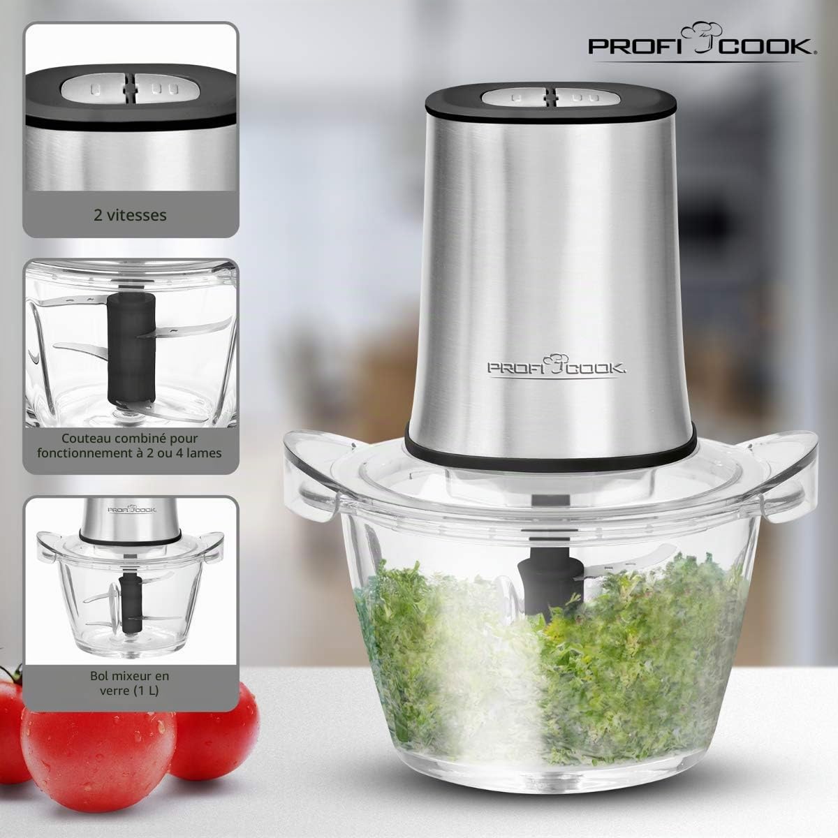 PROFI COOK PC-MZ 1150 - Hachoir électrique - 2 en 1 - avec hachoir multifonction et broyeur à glace - bol en verre (1 l) + 2 lames en acier inoxydable - 400 Watts - Couleur Argent