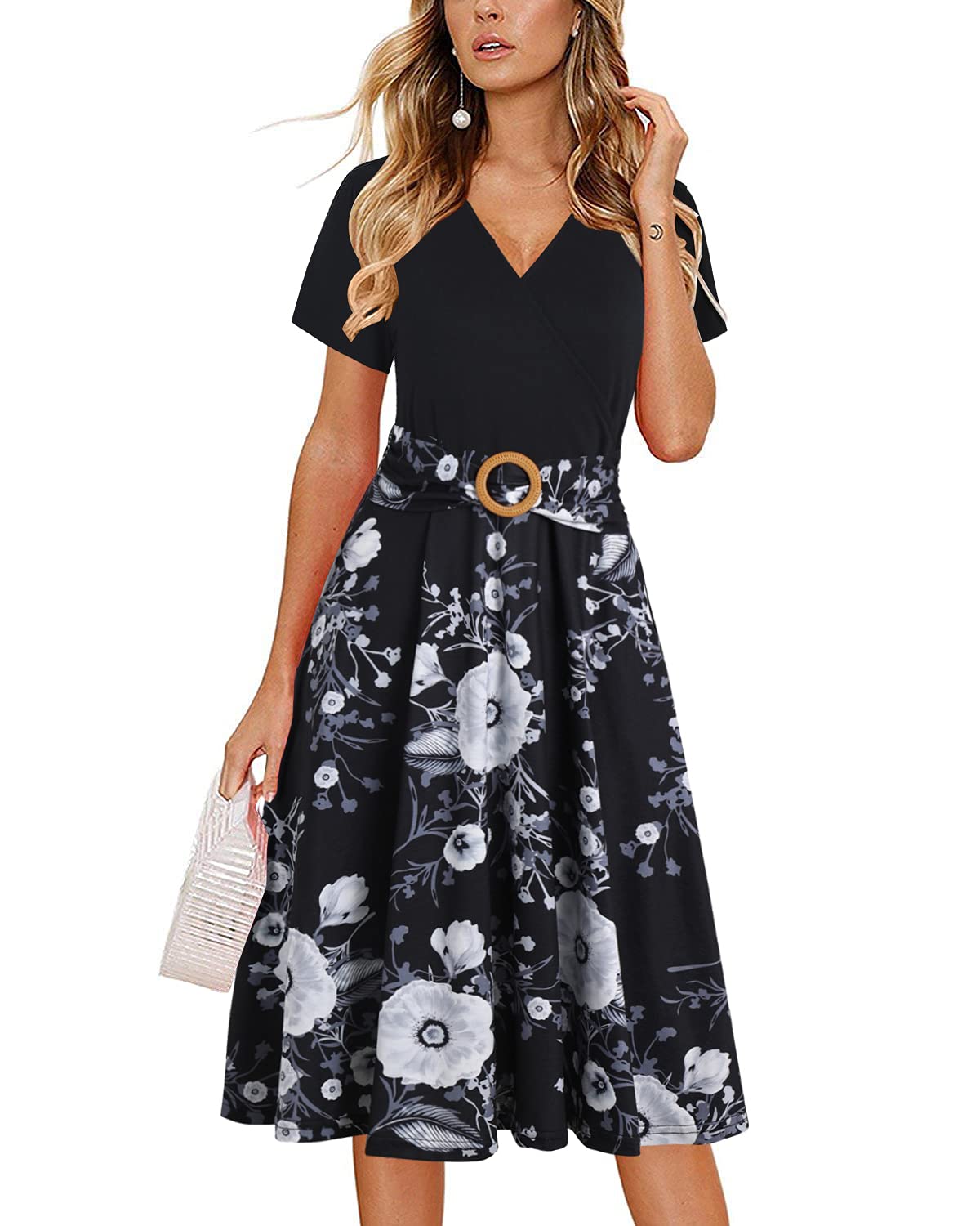 Women's Vintage Criss-Cross V-Neck Swing Dress With Pockets - Short Sleeve Casual Party Dress
