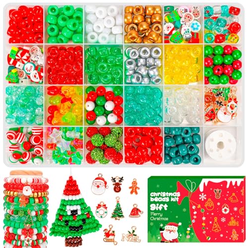 Christmas Beads for Bracelets 500Pcs Pony Beads Kit with Christmas Tree Snowflake Charms Xmas Party Decor Red Green Assorted Bead Gifts for Girls Kids DIY Jewelry Making Crafts Stocking Stuffers