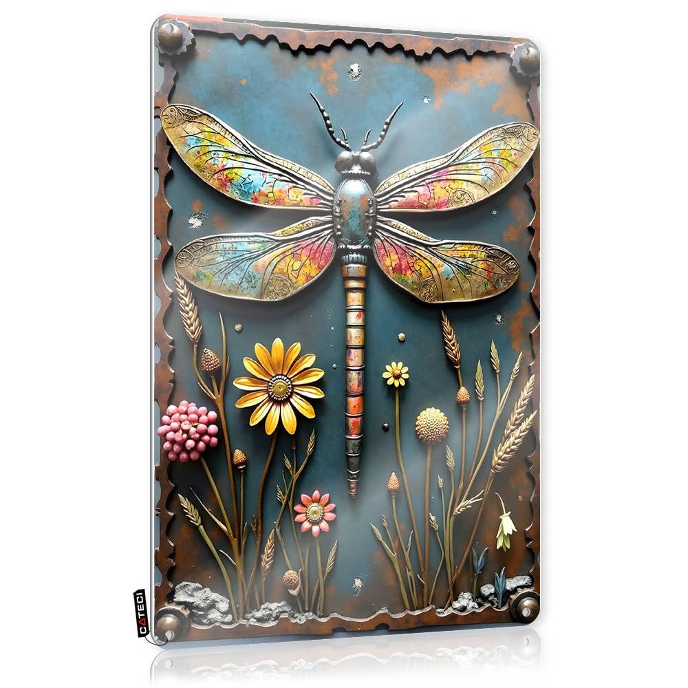 Fzfn Colour Aesthetic Western Bar Funny Vintage Signs - Metallic Dragonfly With Colorful Flowers Nice Rustic Wall Hanging(30X40cm)