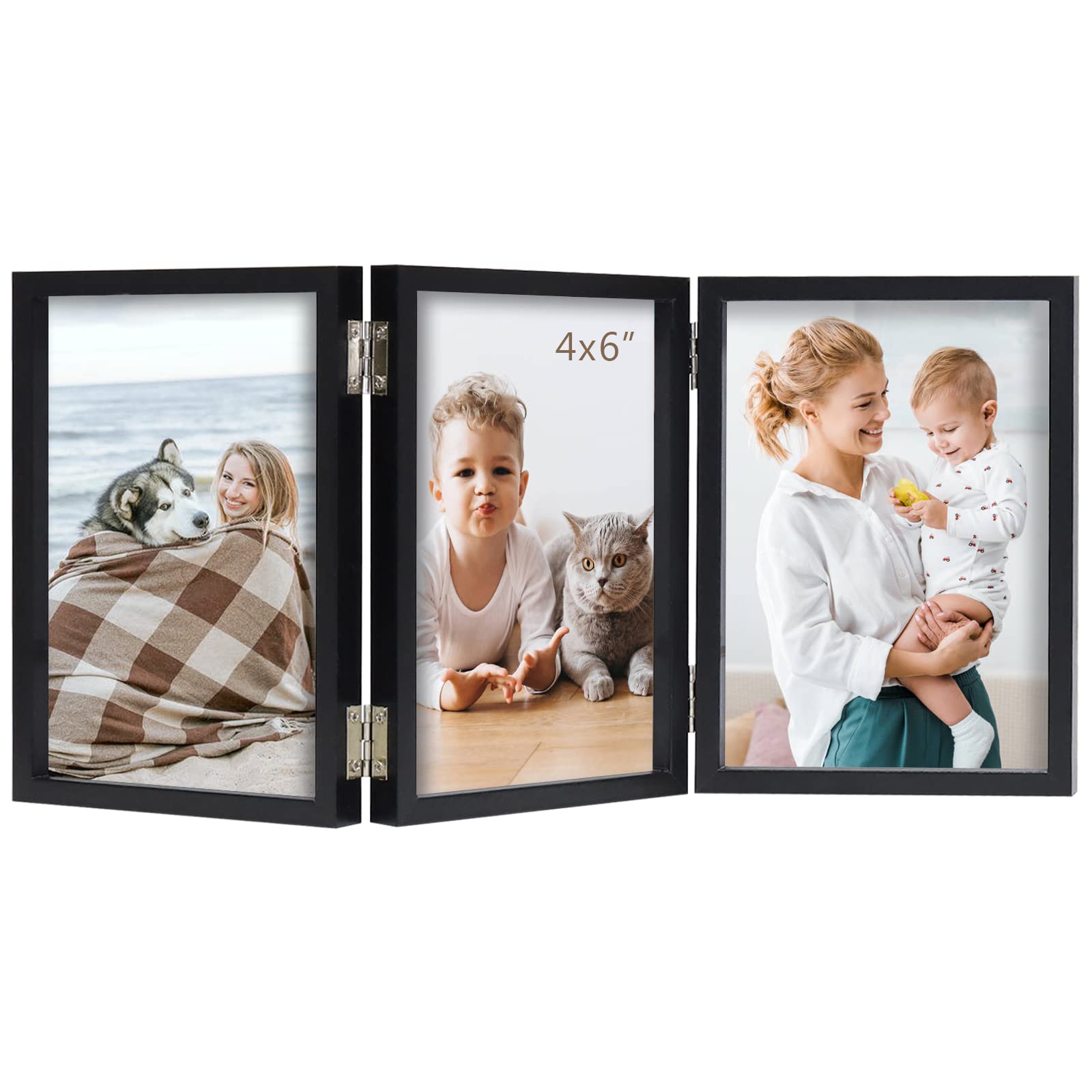 AEVETE4x6 Double Picture Frame Vertical Display Rustic Folding Photo Frames, Black