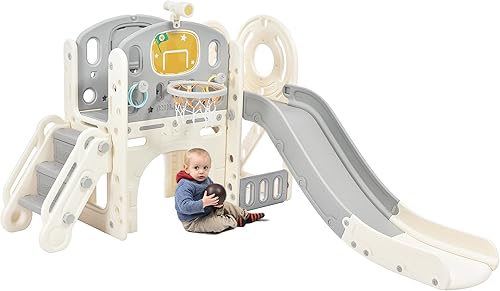 Miniatura 9 de Conjunto de tobogán 7 en 1, castillo autosoportado, escalada, gateo, casa de juguete con tobogán, túnel, anilla para lanzar, aro de baloncesto,