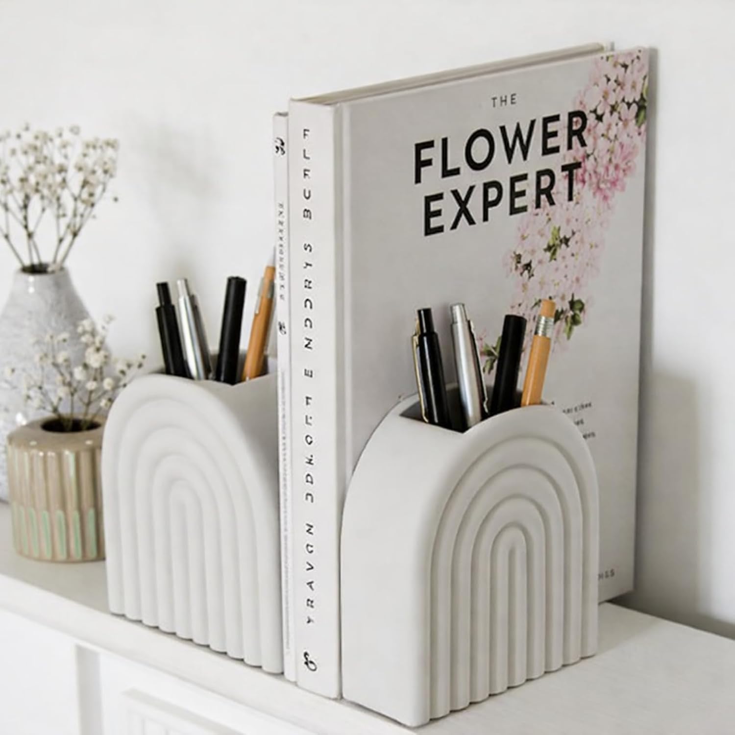 Decorative Ceramic Bookend Pen Holder for Shelves, Boho Style Set of 2, Aesthetic Rainbow Arch Heavy Duty Book Ends Stopper for Book Shelf Home Office Library Decor(White)