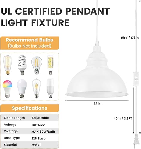 Miniatura 3 de Lámpara colgante enchufable, luces colgantes de 15 pies, interruptor de encendidoapagado, lámpara colgante industrial con cable de enchufe, lámparas