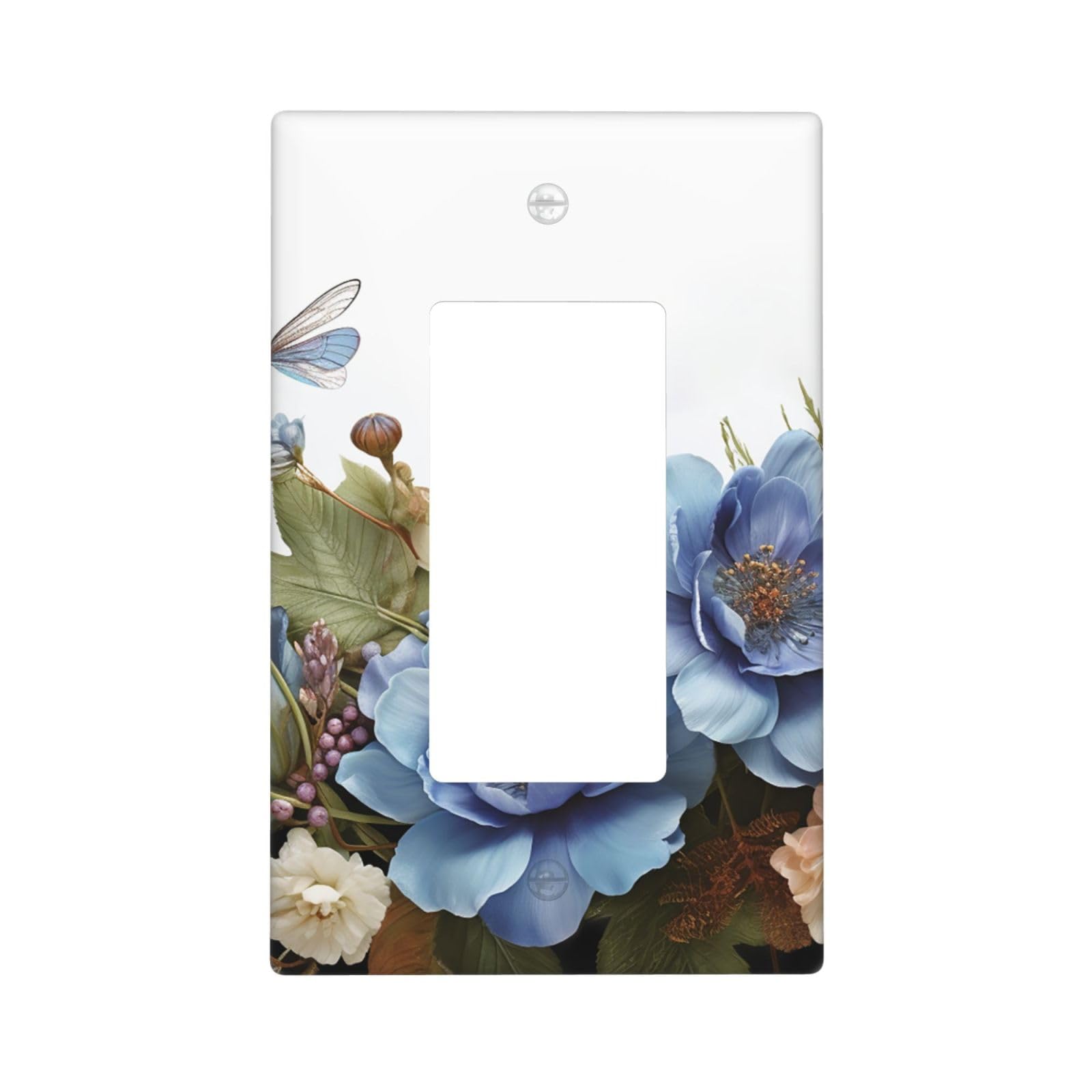 Nonhai Style M Blue Flowers And Dragonfly Wall Plate Cover 1 Gang Light Switch Cover Decorative Single Duplex Wall Plates Standard Size Decorator Blank Electrical Switch Plate Cover For Electrical Outlets
