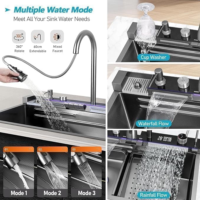 Image of EVANEX Kitchen Sink 30 inchx18 inchx9 inch Inch Piano Sink Kitchen 304 Grade Stainless Steel Single Bowl Waterfall Sink Multipurpose Kitchen Sink with Integrated Waterfall and Pull Down Faucet