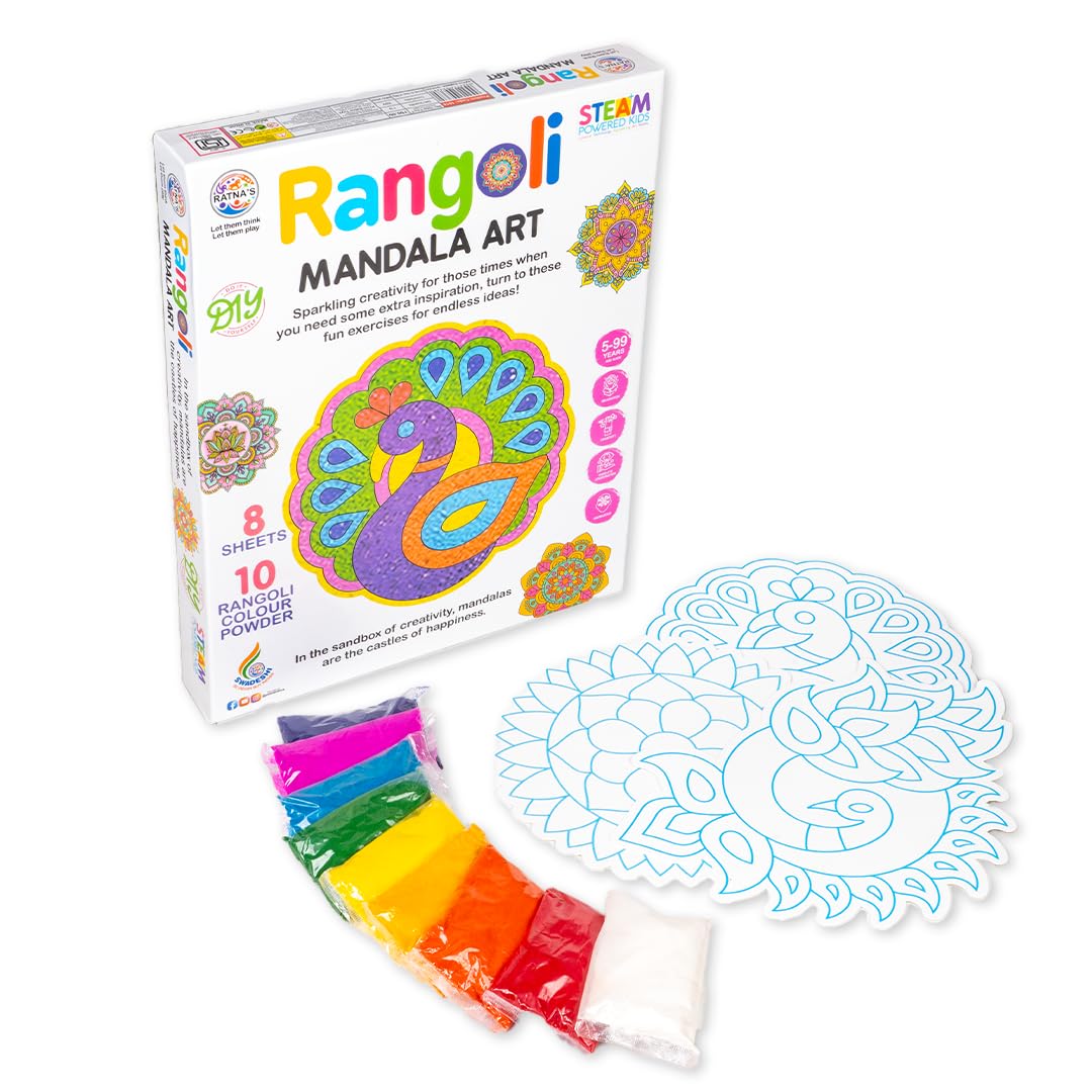 Ratna's Rangoli Mandala Art - 8 Sticky Sheets with 10 Rangoli Color Powder - DIY Creative Activity Kit for Kids & Adults-image-37