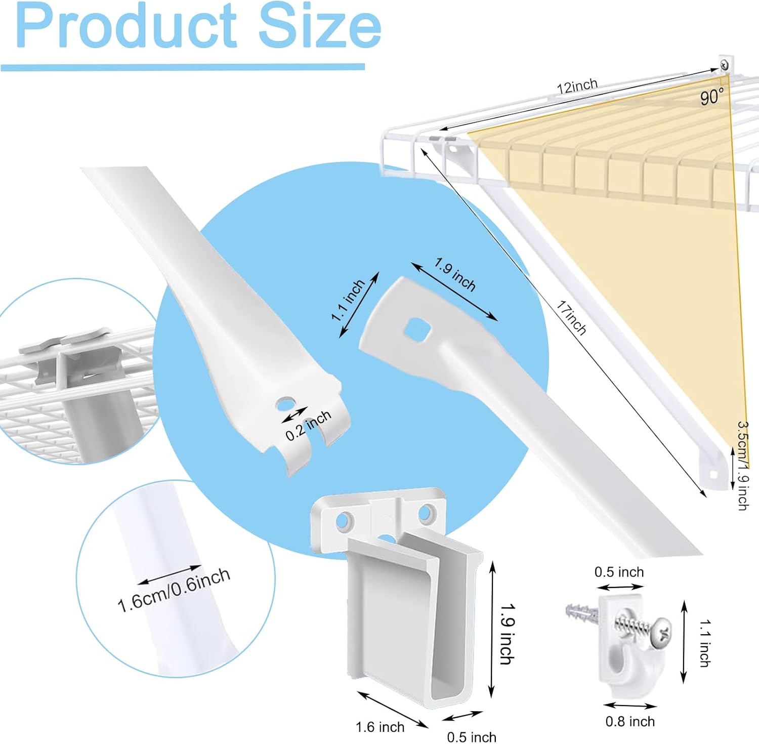 6 Pack 12 Inch Wire Shelf Brackets Set, Includes 6 Support Brackets for Wire Shelving, 4 End Brackets and 12 Wire Shelf Clips, Closet Support Bracket for Wardrobe and Wall Bracket
