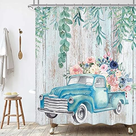 KOMLLEX Rustic Eucalyptus Teal Truck Shower Curtain 60Wx72H Inch Vintage Fresh Floral Shower Curtain Bathroom Set Retro Farmhouse Wooden Board Green Sage Leaves Country Bathtub Accessories Home Decor Cover