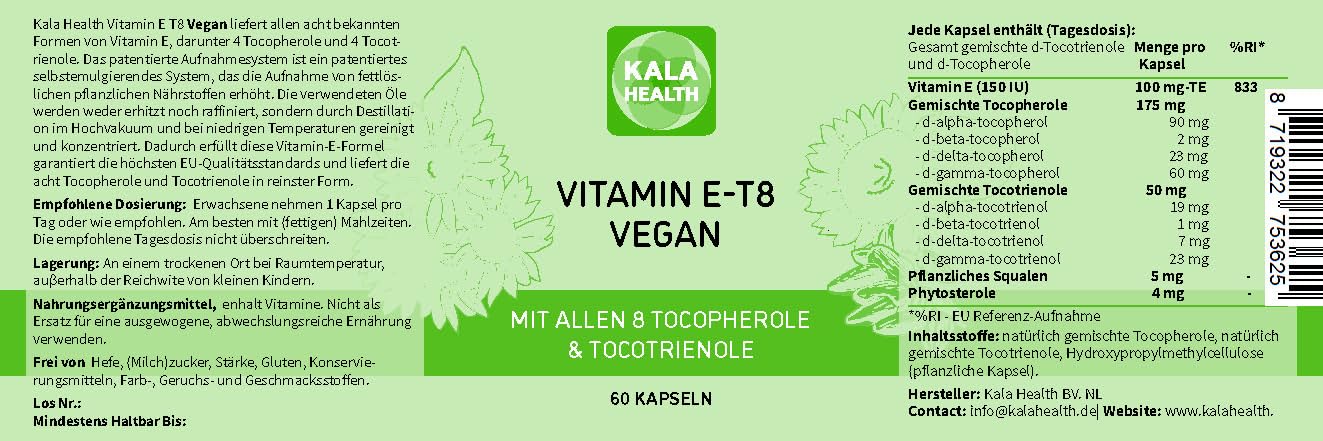 Kala Health Vitamin E-8 60 Vegan Kapseln - Enthält alle 8 bekannten Formen Vitamin E, darunter 4 Tocotrienole (40mg) und 4 Tocopherole von ausgezeichneter Qualität, und aus natürlichen Quellen