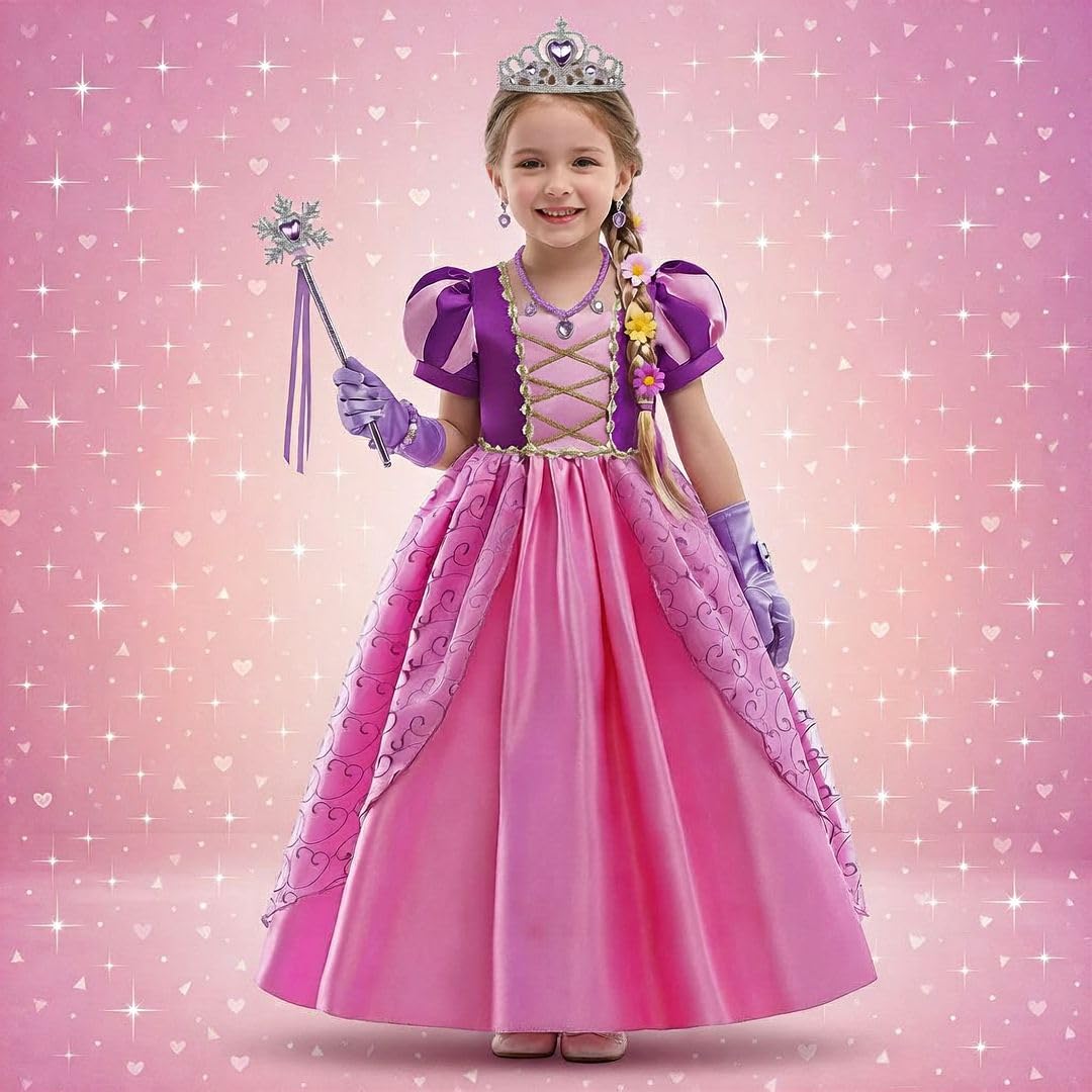 Costume da principessa per ragazze, con capelli lunghi e treccia di fiori, abito da festa in tulle con paillettes viola, per feste in maschera, per feste di compleanno e Halloween, età 3