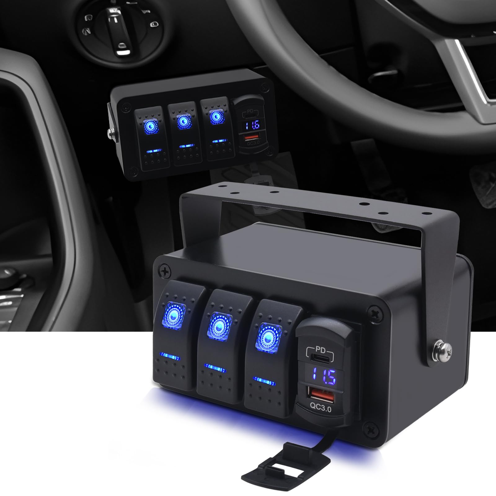 KAOLALI 3 Gang Pannello Interruttori per Auto 12V/24V Interruttore a Levetta con 4.8A Porta di Ricarica PD & QC3.0 Voltmetro Interruttore a Bilanciere Impermeabile per Auto Camion Barche Camper