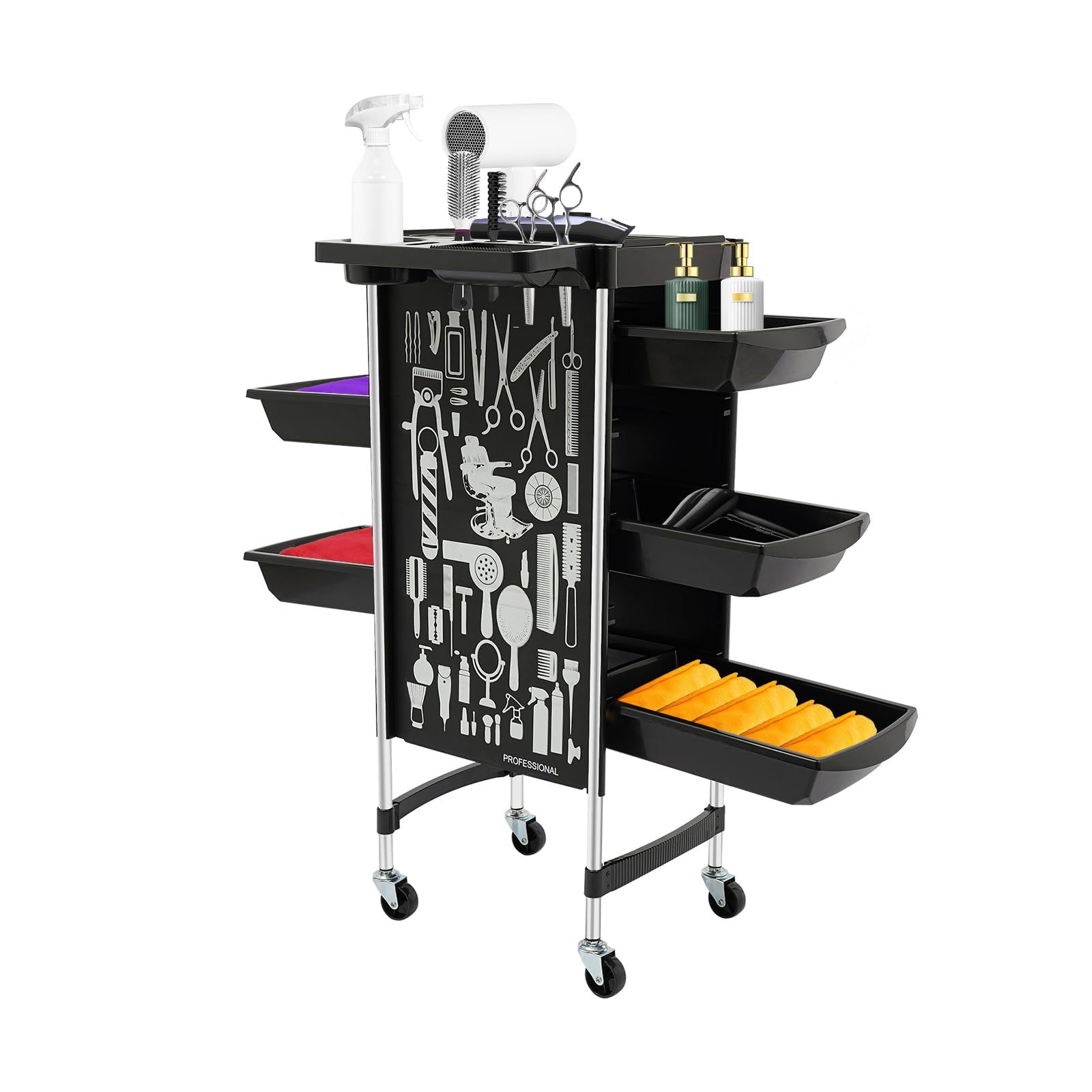 Carrello da parrucchiere con 5 cassetti, pieghevole, per salone e salone di unghie, in materiale PP, portata 80 kg, 36 x 90 cm, colore nero