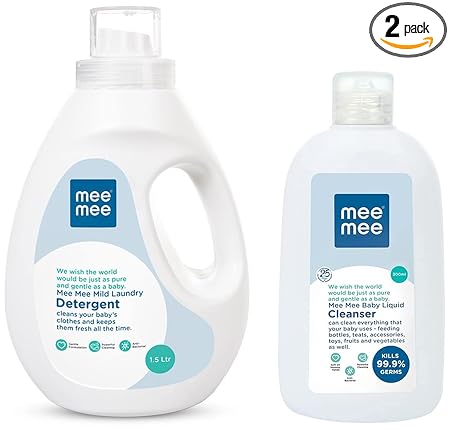 Mee Mee Mild Baby Liquid Laundry Detergent, 1.5L & Anti-Bacterial Baby Liquid Cleanser (300ml) Combo