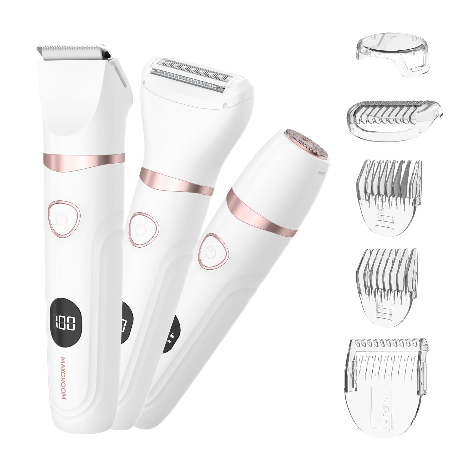 3-in-1 Elektrischer Rasierer Damen Intimbereich, MAXGROOM Intimrasierer für Frauen mit LED für Bikini Gesicht