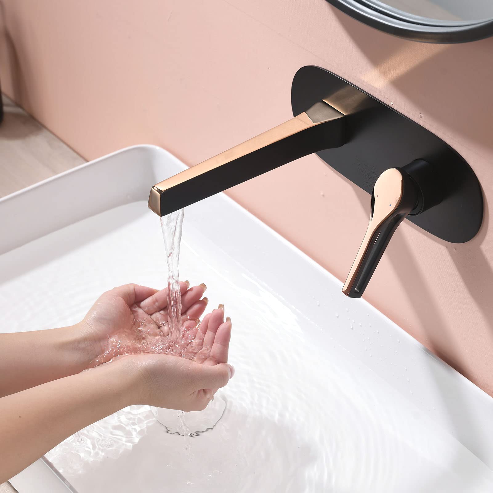 Grifo para Lavabo de baño, Grifo para baño montado en la Pared, Grifo para Lavabo de baño Moderno de latón, Grifo Mezclador de baño, Grifo Mezclador de Lavabo de una manija, Oro Rosa Negro