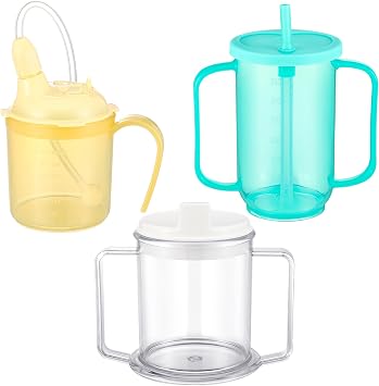 Suclain 3 Pcs Sippy Cups for Elderly 12 oz Straw Sippy Cups with 2 Handles No Spill for Adults Spill Proof Dysphagia Cup for Disabled Patients