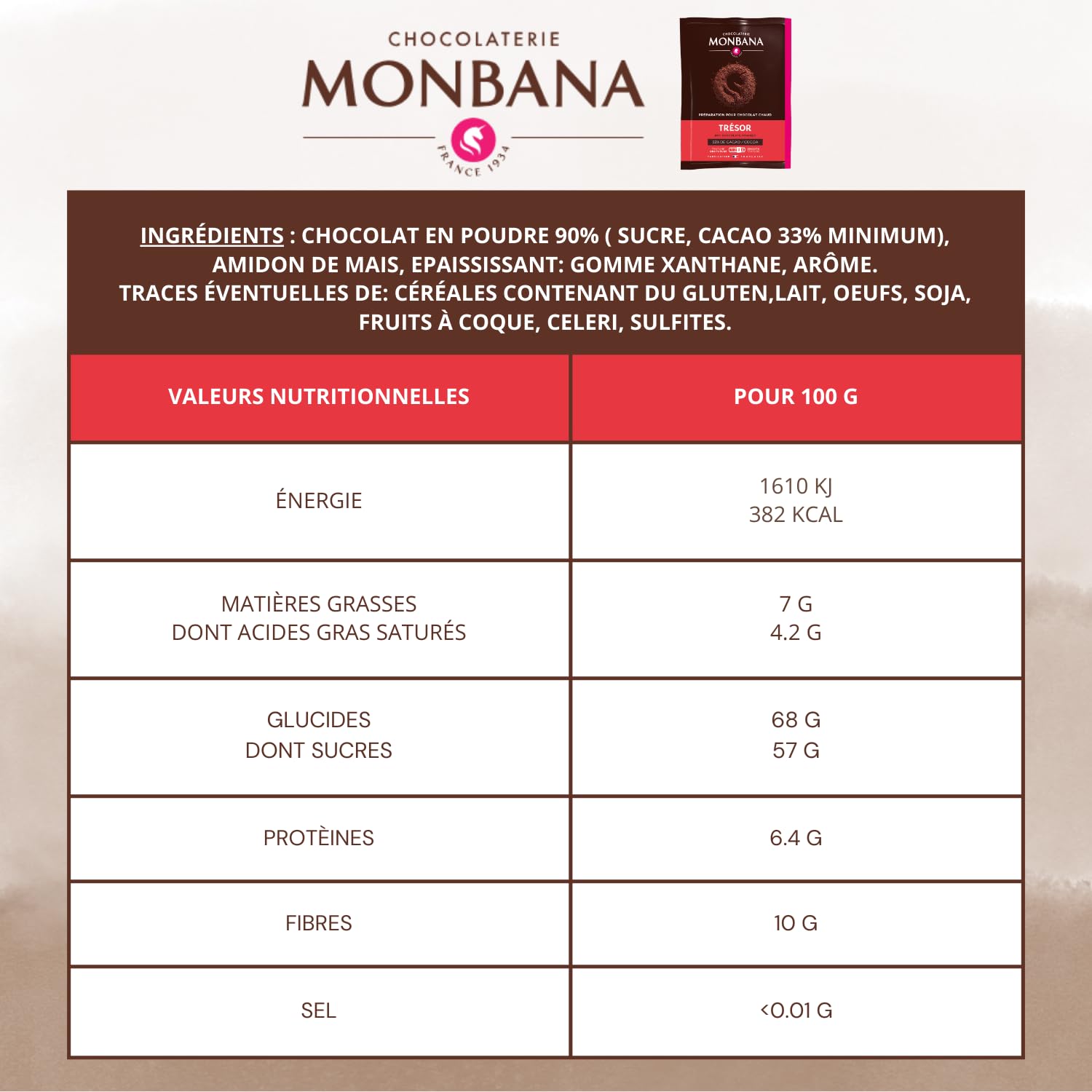 MONBANA - 100 sachets de chocolat en poudre Trésor - 25 g | Doses individuelles de 25 g de chocolat en poudre à déguster tout au long de la journée - Chocolat chaud, petit déjeuner