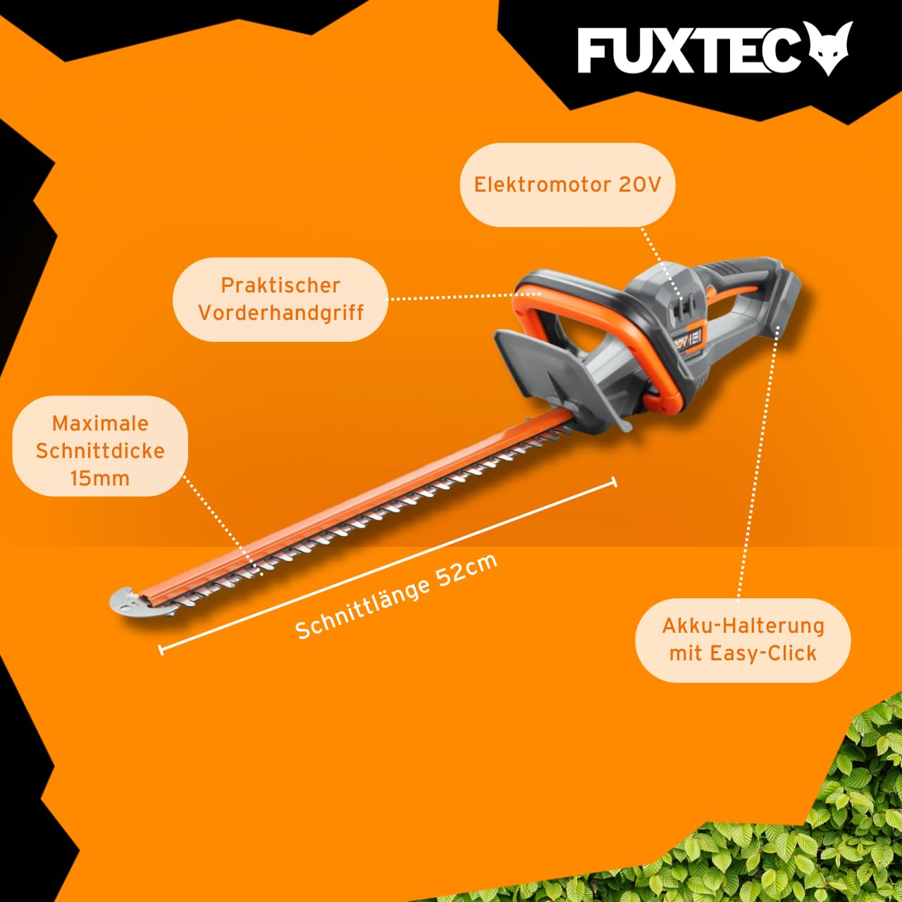 FUXTEC Heckenschere 20V inkl. Akku FX-E1HS20 Elektrischer Heckentrimmer mit Li-Ionen Batterie und Ladegerät – Schnittlänge 52 cm