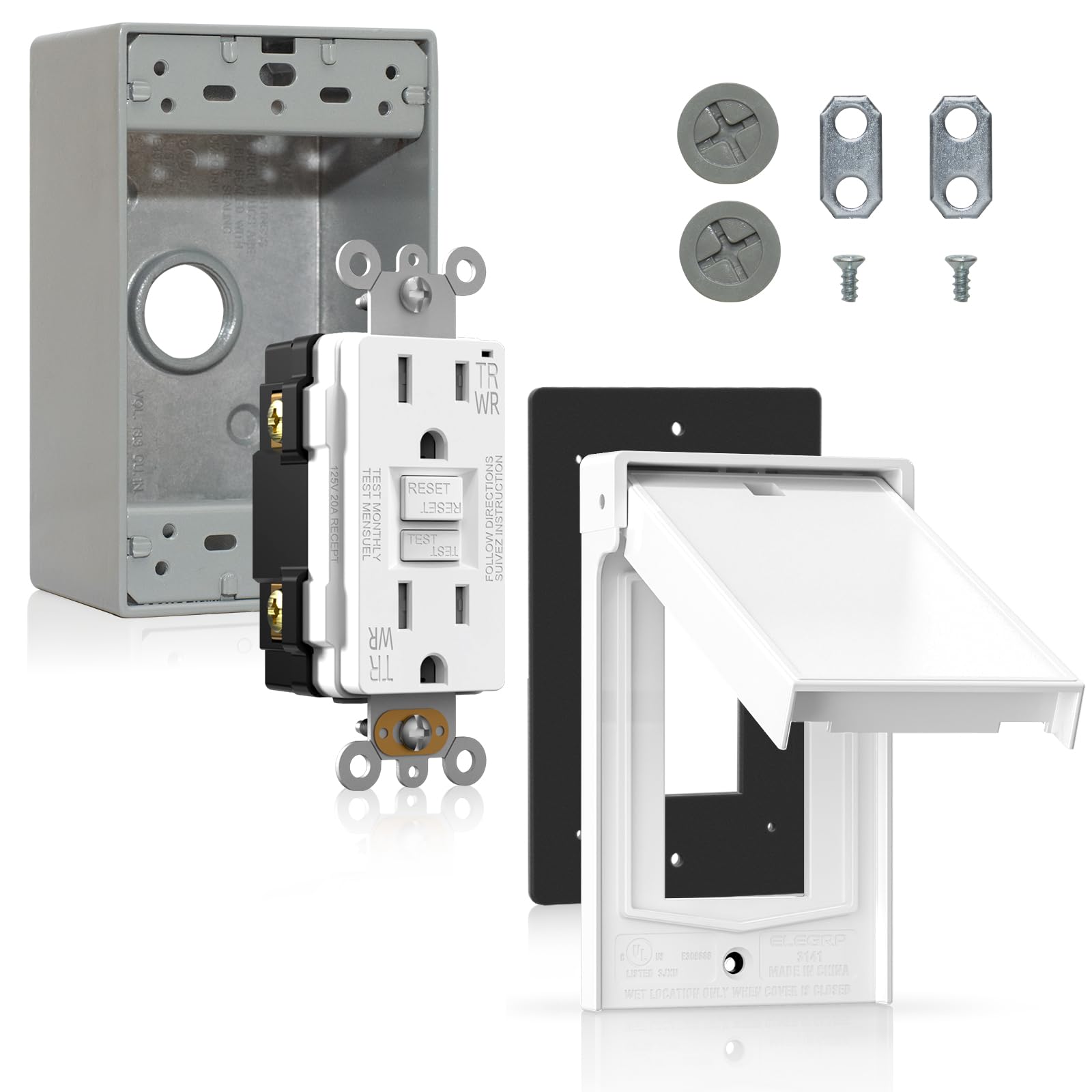 ELEGRP GFCI Kit de prise électrique 15 A, WR, avec plaque murale résistante aux intempéries, blanc, 1 paquet