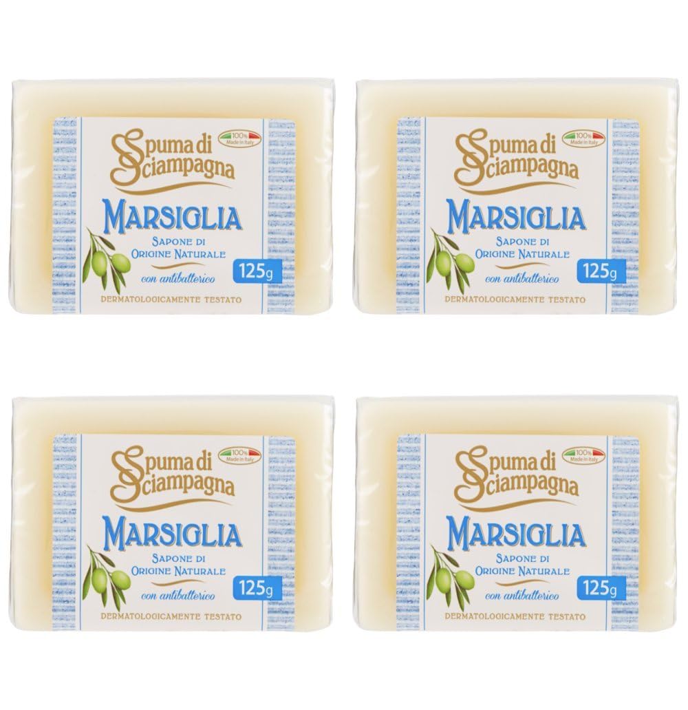 Spuma di Sciampagna”Marsiglia” Natural Soap with Antibacterial – 4,40 Ounce (125 g) Bars (Pack of 4)