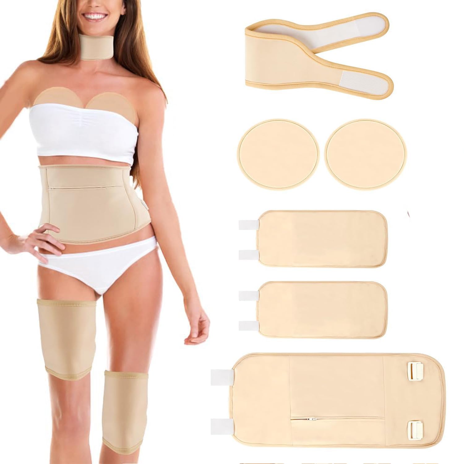 Castor Oil Pack Wrap Kit for Waist Neck Leg Knee, 6PCS Reusable Organic Cotton Castor Oil Wrap Kit, Flannel Castor Oil Compress Pads(Khaki)