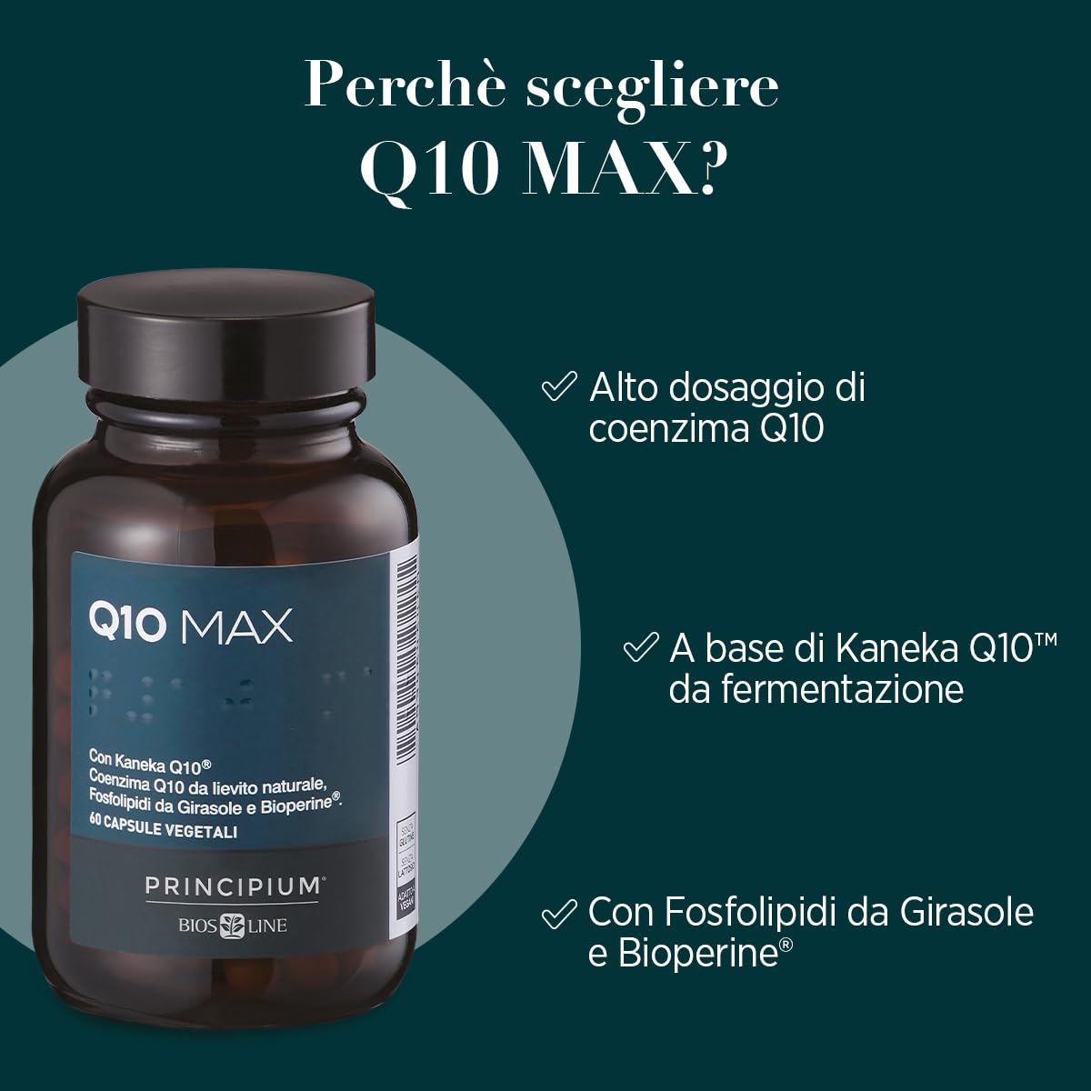 BIOS LINE Principium Q10 Max, Integratore alimentare ricco di Coenzima Q10, Integratore compresse per dare energia a cuore, fegato, cervello e muscoli, 60 capsule vegetali