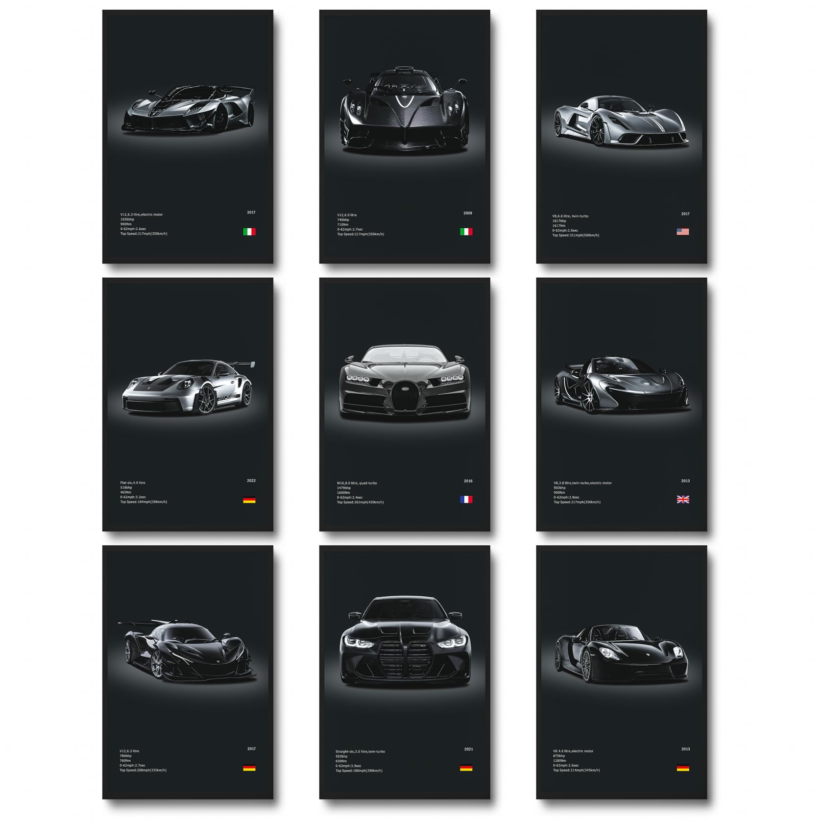 dazongweihan 9pcs Super Car Posters for Boys Room, Racing Car Wall Art for Men Guys, Sports Car Wall Decor, Race Cars Pictures Wall Decor for Bedroom Dorm Man Cave (Unframe,8x12inch) (U1)