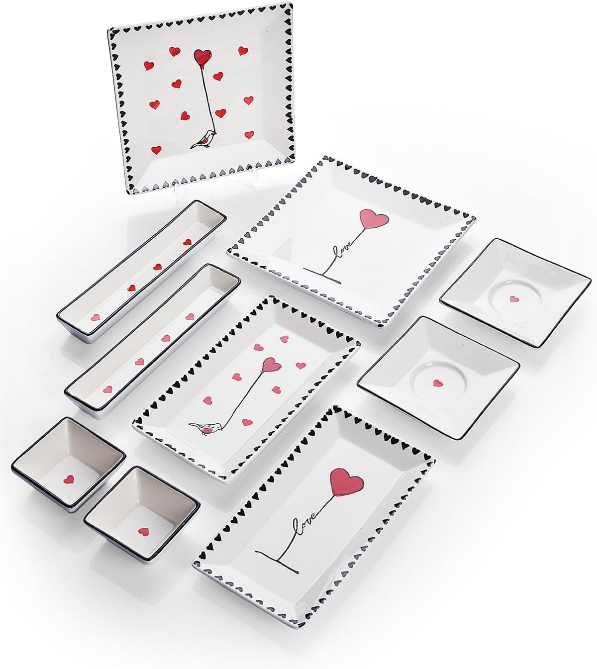 Breakfast Set 's Day Design Handmade Serving Plates for 2 People, Ceramic, BPA Free, Red Color, Love Theme - Red, One Size