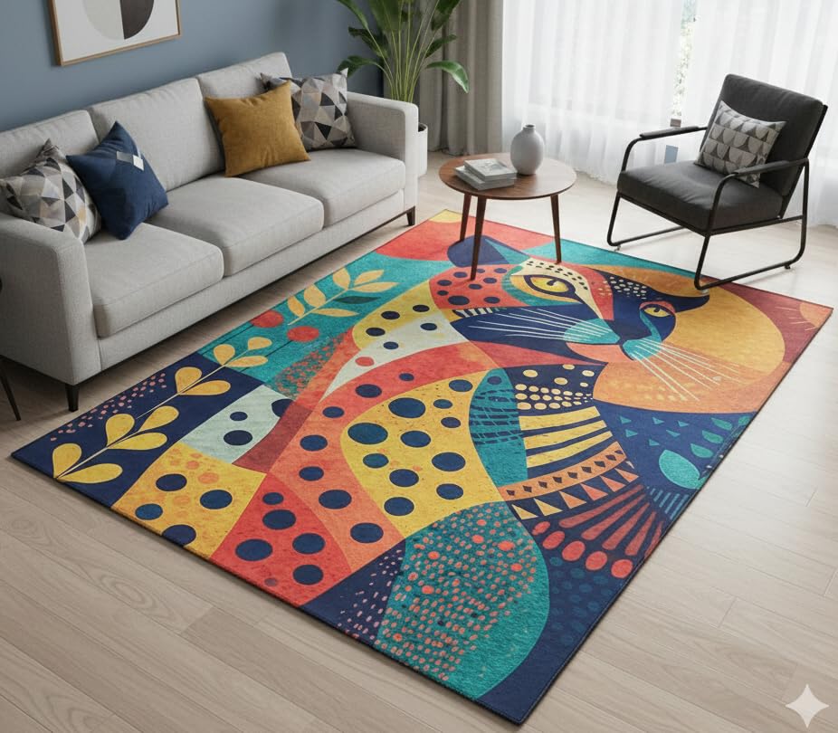 Image of Cotton Bolls Textiles Rugs for Living Room 5x7 Feet Large Size | Lightweight Foldable Carpet for Bedroom & Hall | Easy to Handle During Daily Cleaning | Travel Friendly Printed Rug | Leopard