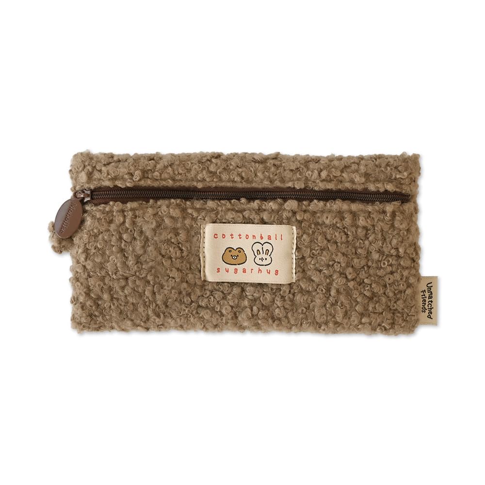 Monolike Unmatched Friends Bbogeuli Pencil Case, Brown - Slim Fuzzy Fleece Pen Pouch for Daily Use with Stain-Resistant Lining