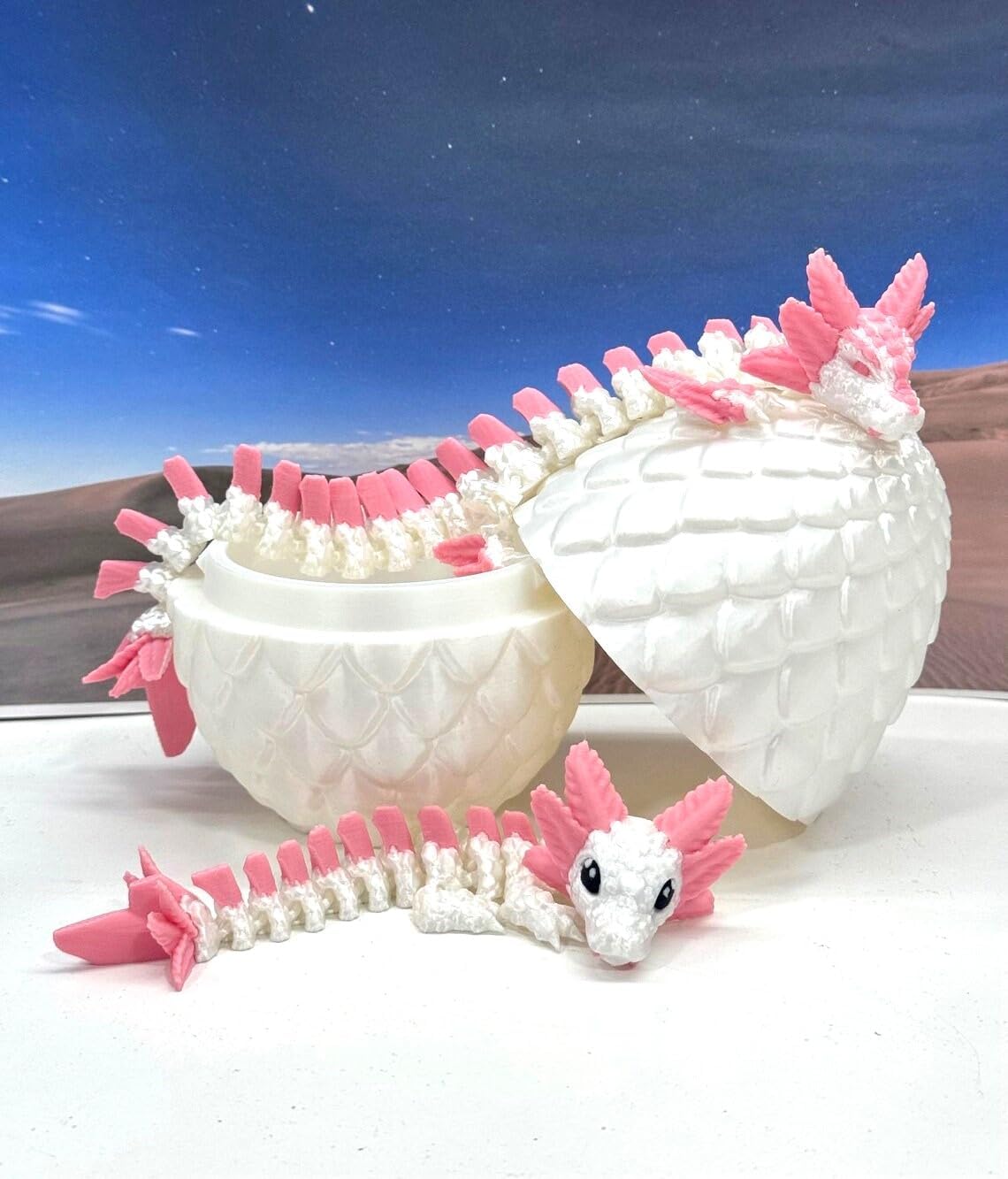 3D Printed Dragon with Dragon Egg, Articulated Mother and Child White and Pink Axolotl Dragons, Fidget ADHD Autism Toy, Executive Desk Toy MCDD041-BD008-PNK-WE