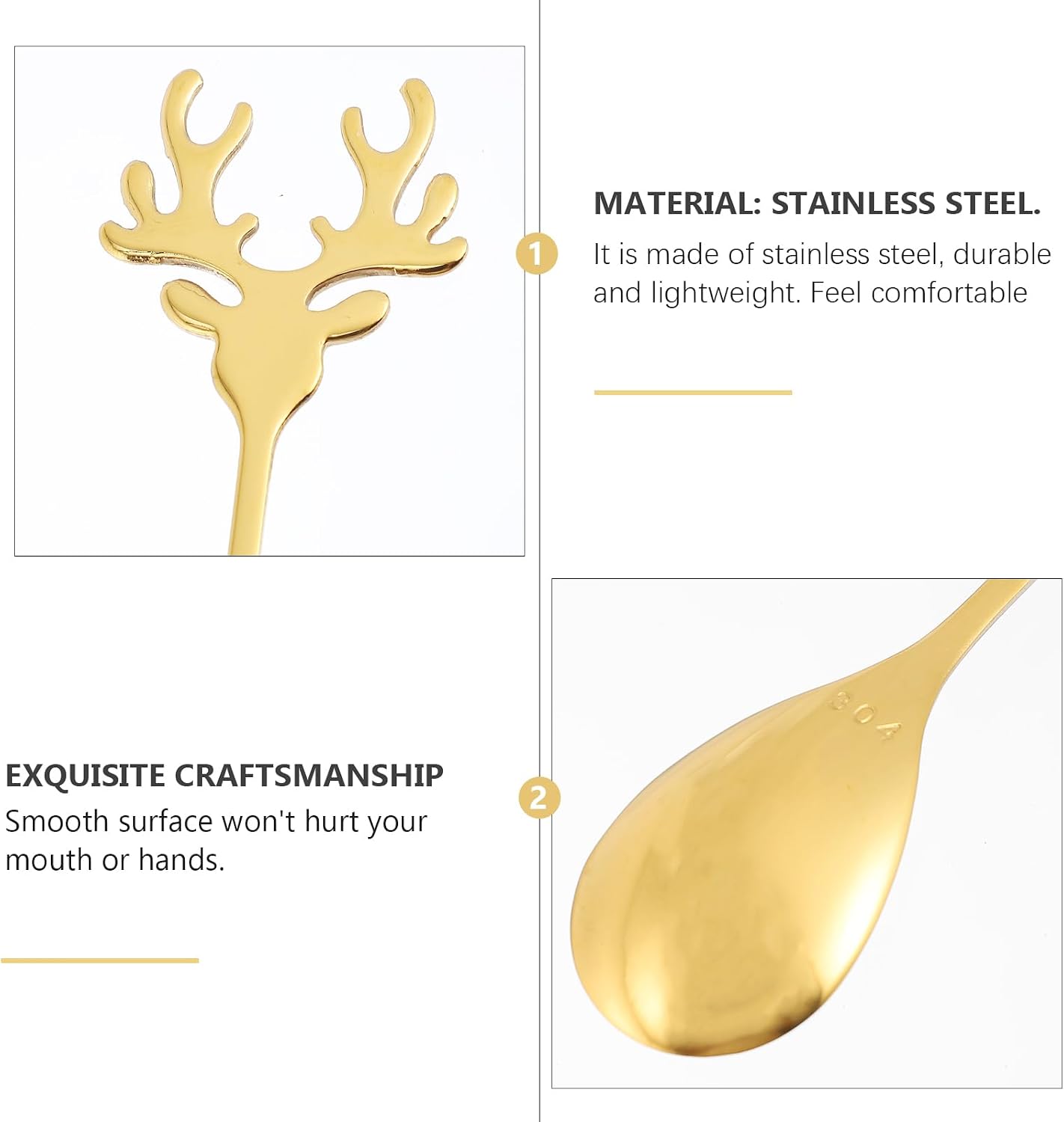 2PCS Stainless Steel Reindeer Spoons,Christmas Deer Head Shape Teaspoons ，Dessert Coffee Spoon Tableware Creative Tea Spoon Gold Stirring Demitasse for Coffee Tea Ice Cream Sugar Cake
