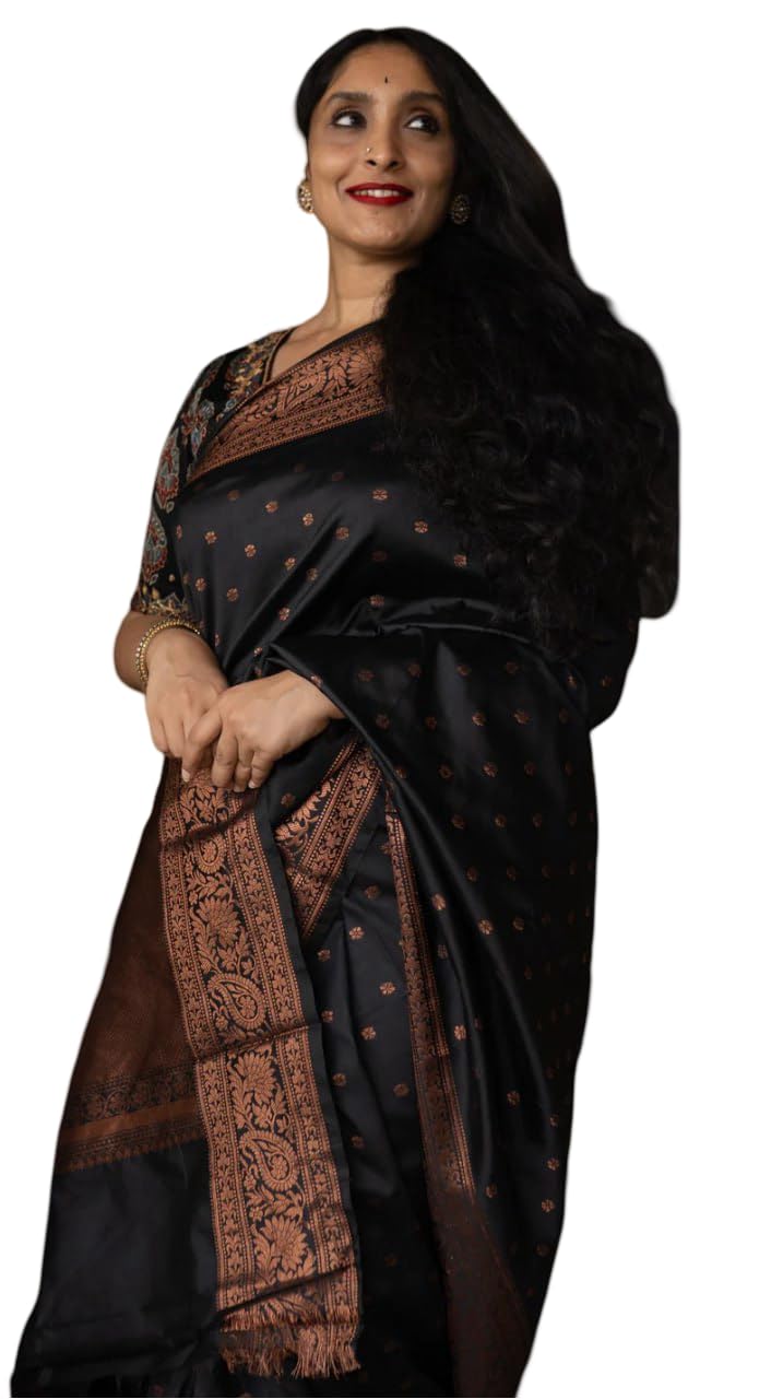 Flosive Women's Wedding Look Black Butti Banarasi Soft Silk Saree With Fancy Blouse