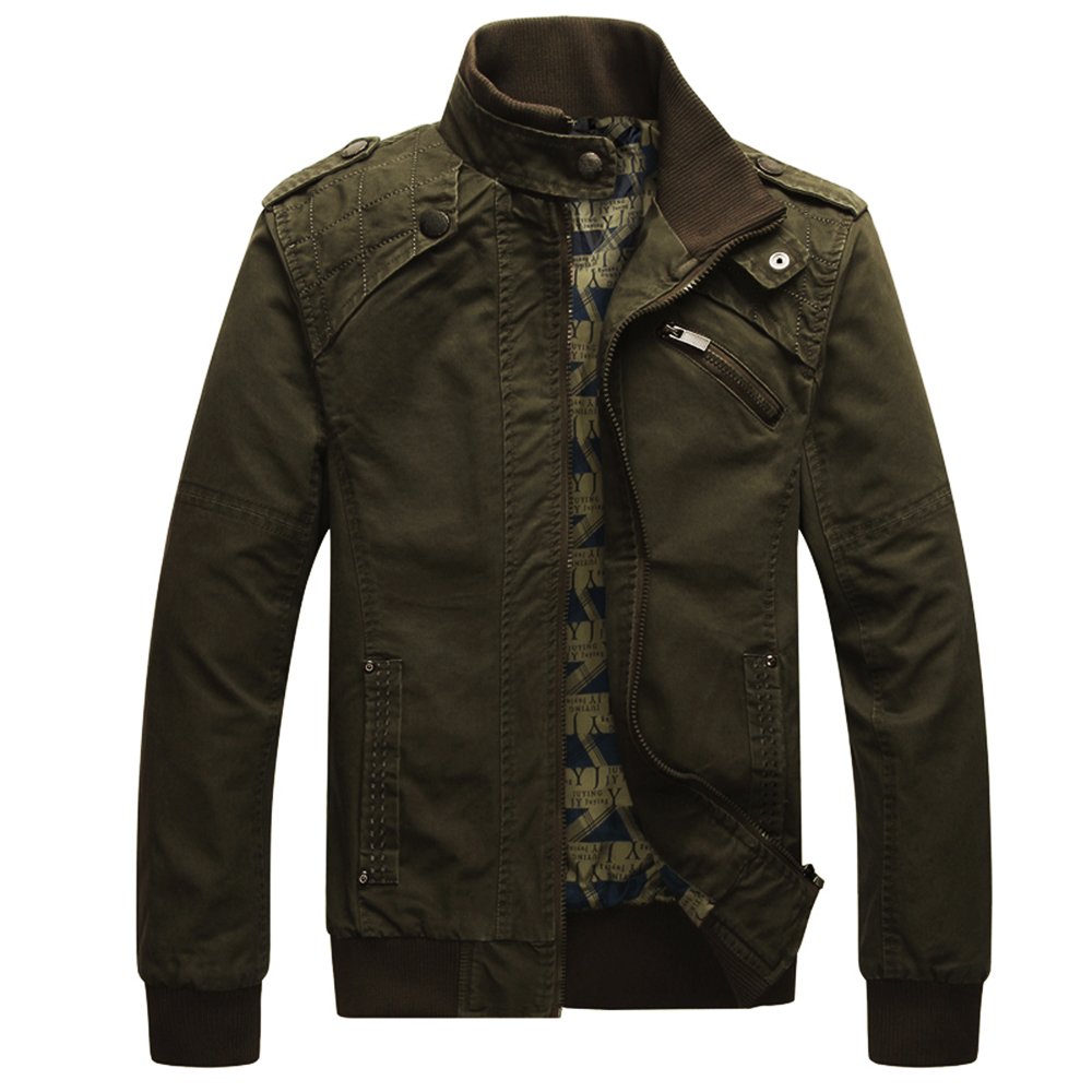 Men's Cotton Casual Long Sleeve Stand Collar Military Windbreaker Jacket with Shoulder Straps