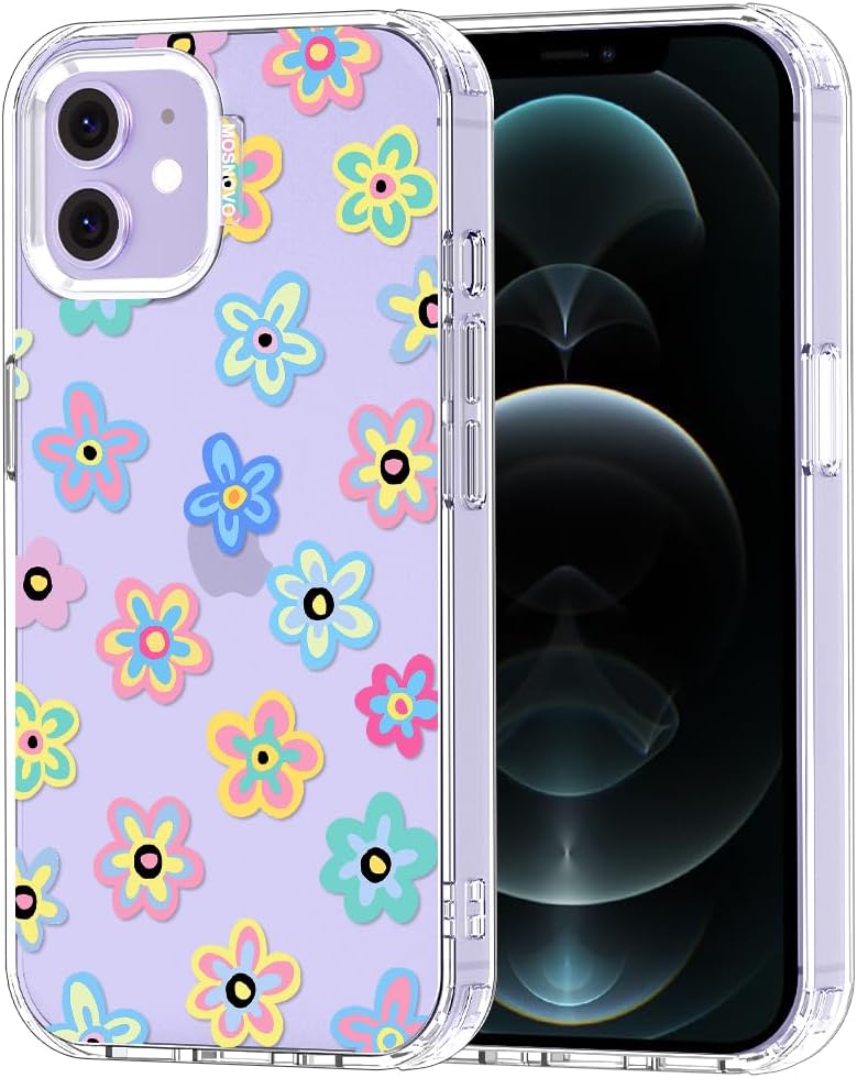 MOSNOVO Case for iPhone 12 & iPhone 12 Pro, [Buffertech 6.6ft Military-Grade Drop Protection] [Anti Peel Off Tech] Clear TPU Bumper Phone Case Cover Design - Groovy Flower